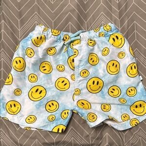 Posh Peanut Smile Face Tie-Dye Swim Shorts - Yellow Smiley on Light Blue